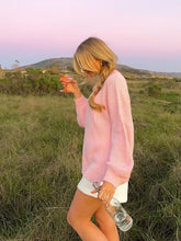 Pink O Neck Ribbed Knitted Sweater For Fashion Lantern Long Sleeve Sweater